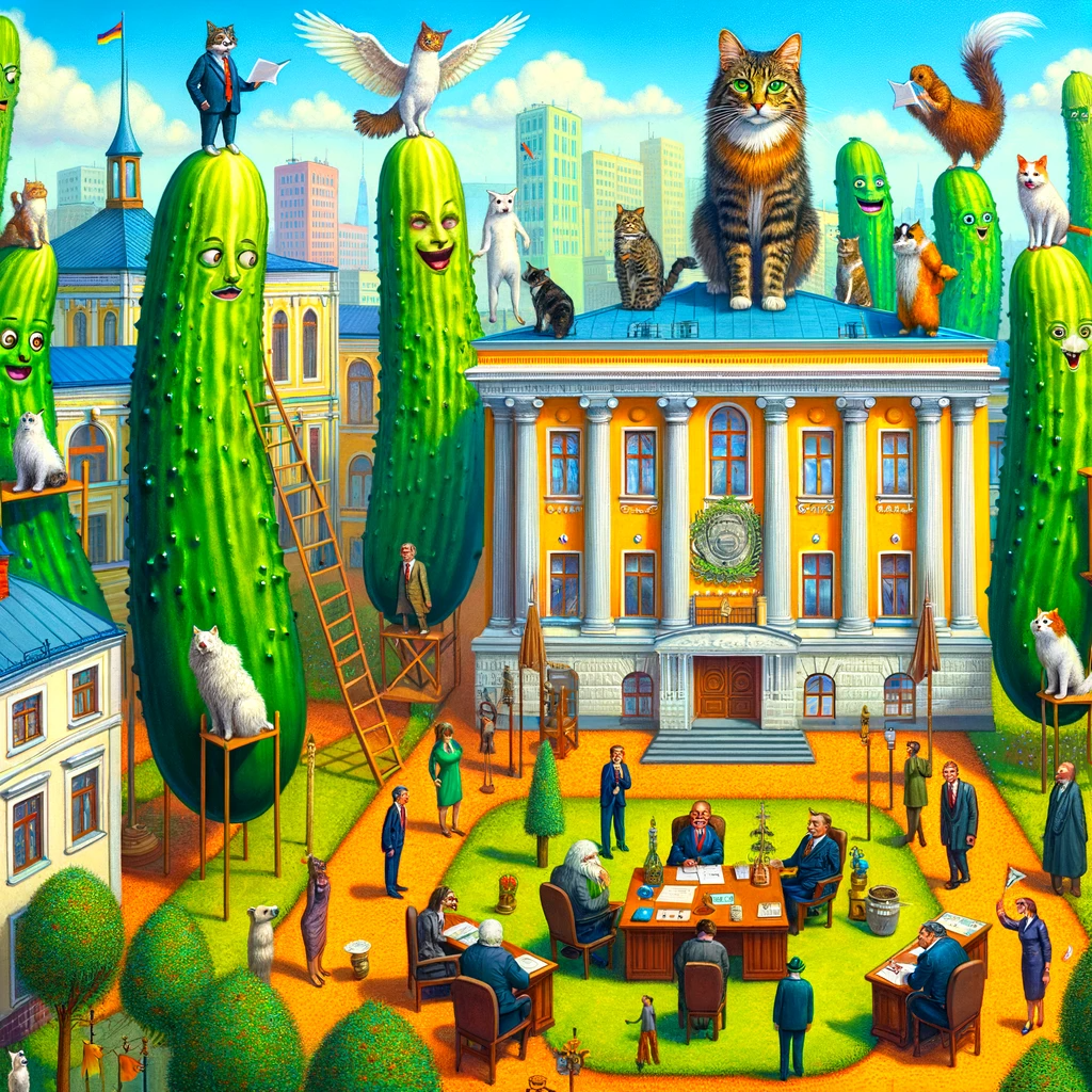 DALL·E 2023-12-23 17.42.23 - A whimsical and surreal world where cucumbers have evolved into humanoid figures, walking around and interacting like people in a colorful, vibrant ci